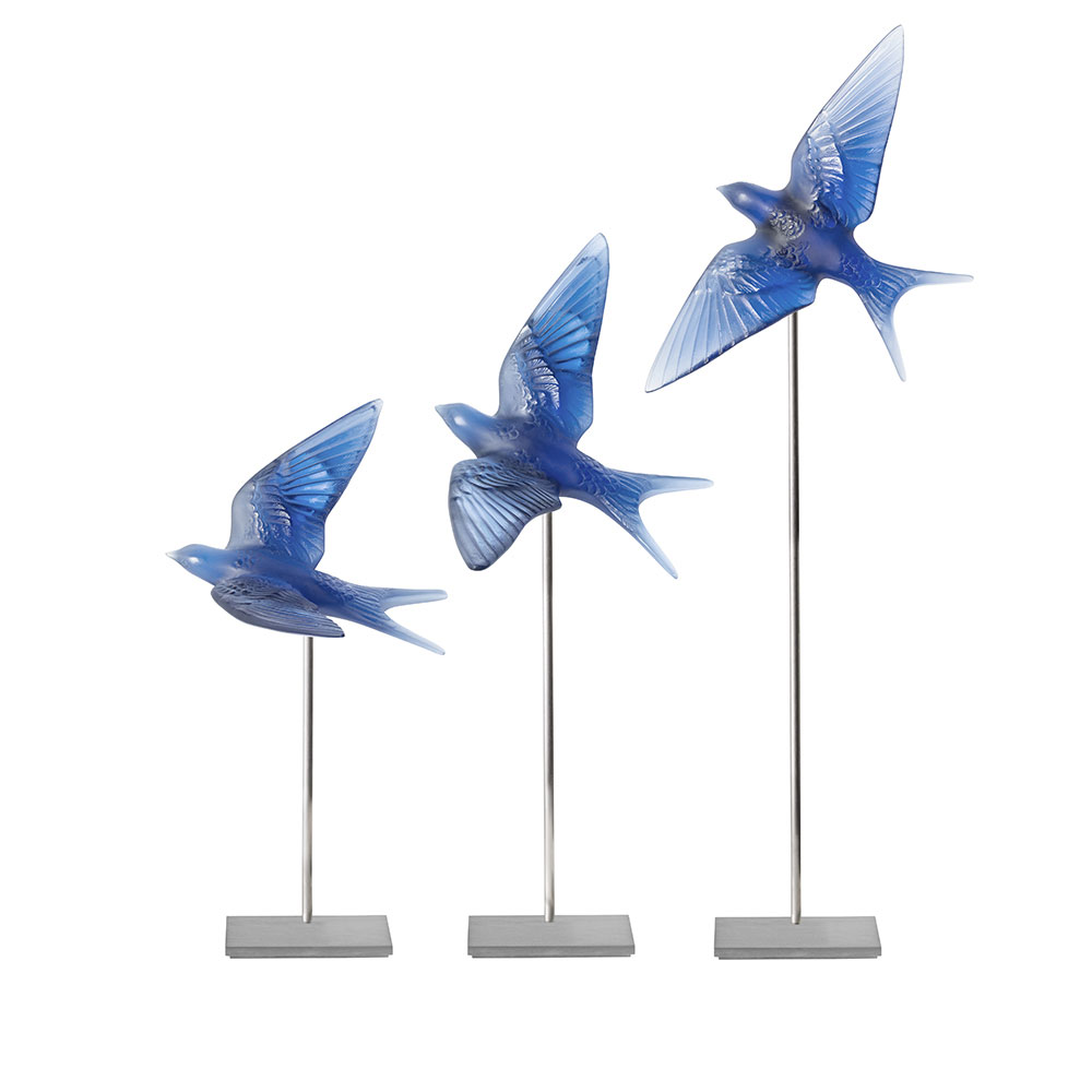 Lalique Hirondelles, Swallows with Wings Down Wall Sculpture, Sapphire Blue